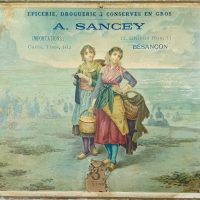 Affiche publicitaire sur carton fort A. Sancey épicerie Besançon