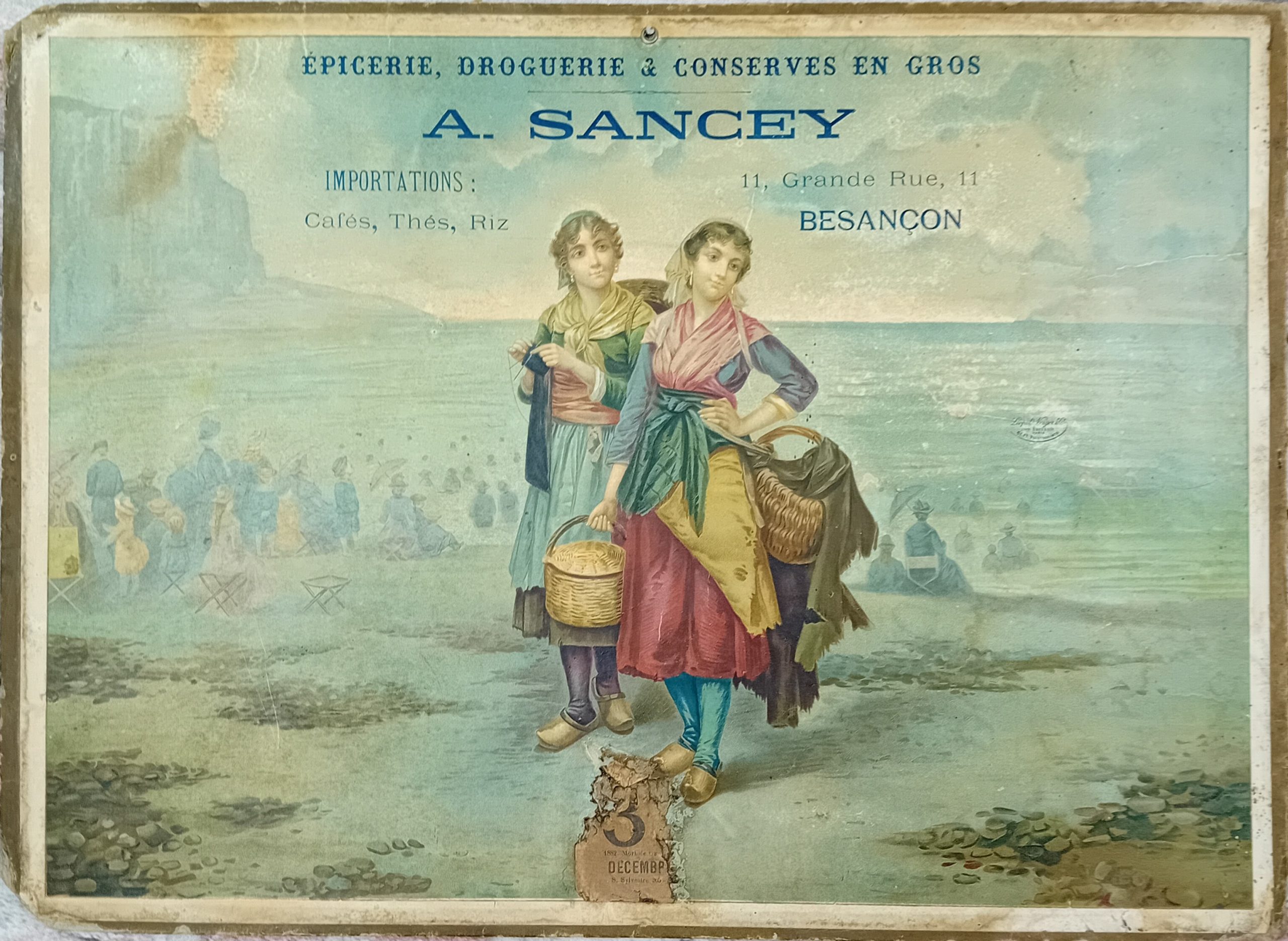 Affiche publicitaire sur carton fort A. Sancey épicerie Besançon