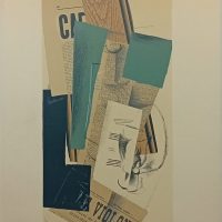Lithographie cubiste d’après Georges Braque, composition Verre, bouteille et journal, sur feuille BFK Rives, grande dimension.
