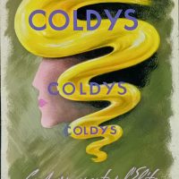 gouache publicitaire vintage Coldys, profil féminin stylisé aux cheveux jaunes, projet d’affiche années 50