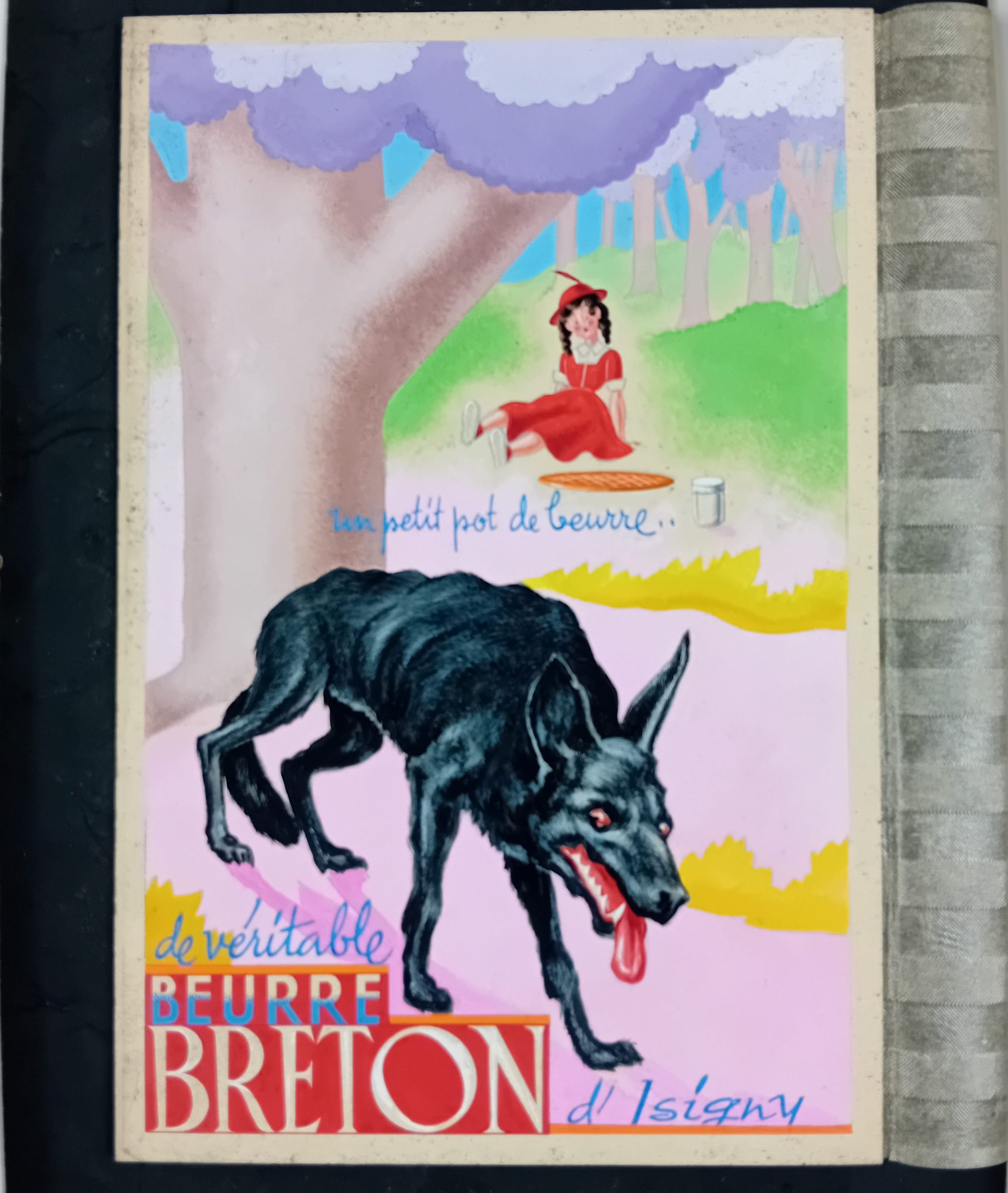 Gouache publicitaire Beurre Breton d’Isigny Petit Chaperon Rouge années 50/60