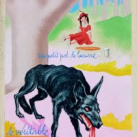 Gouache publicitaire vintage pour le Beurre Breton montrant Loup et Petit Chaperon Rouge