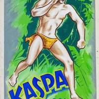 gouache publicitaire vintage Kaspa, illustration du roi de la jungle années 50 en gouache