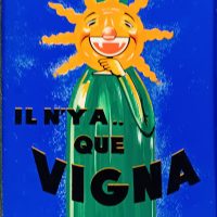 Gouache publicitaire vintage Vigna – Illustration originale années 50 avec soleil souriant sur bouteille de vin
