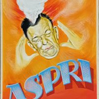 Gouache publicitaire vintage Aspri représentant un homme la tête en feu, illustration humoristique peinte à la gouache, projet d’affiche ancienne.