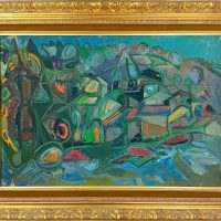 Huile toile village abstrait années 50 composition colorée.