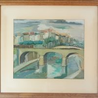 Peinture sur papier Vue d'un pont signée I.Reymond et datée 1950