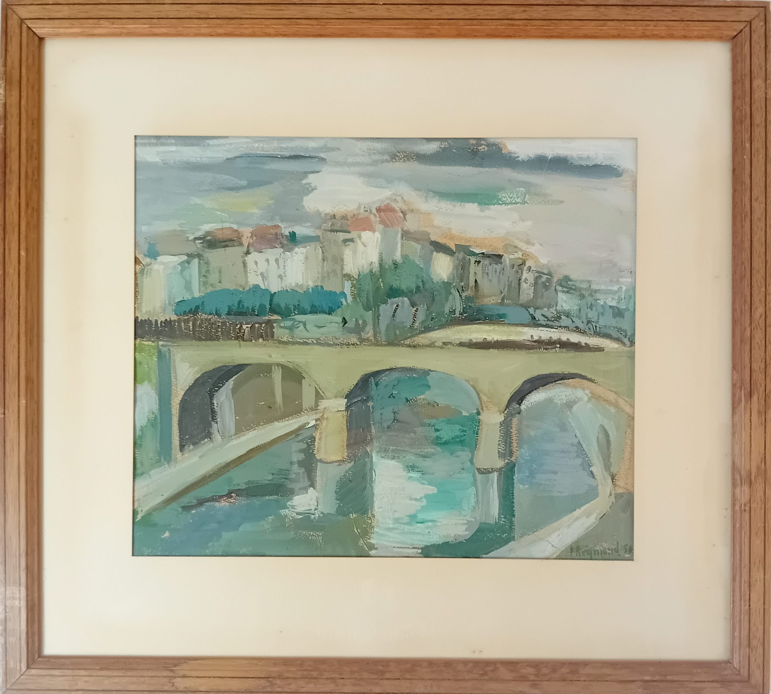 Peinture sur papier Vue d’un pont signée I.Reymond et datée 1950