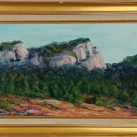 Huile sur panneau signée Simone Aillaud représentant un paysage rocheux, datée 1972.